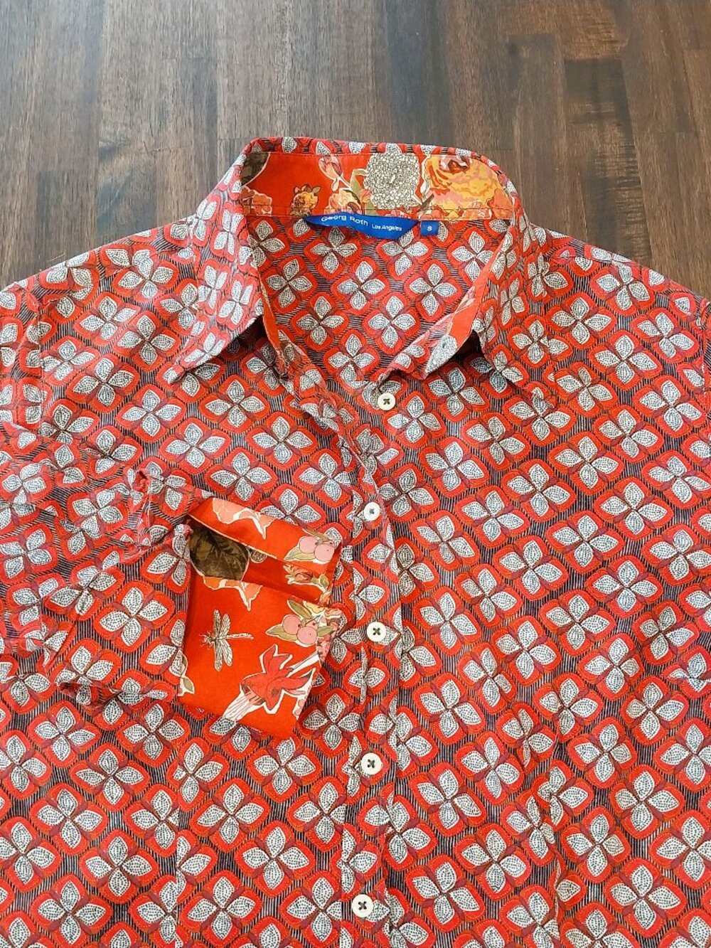 Georg Roth Fitted Shirt Mens S Red Floral Long Sleeve Button Up Double Flip Cuff